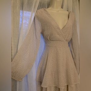 JAPNA Beige White Leopard-print, Bell-Sleeve, Tiered, Special Occasion Dress M